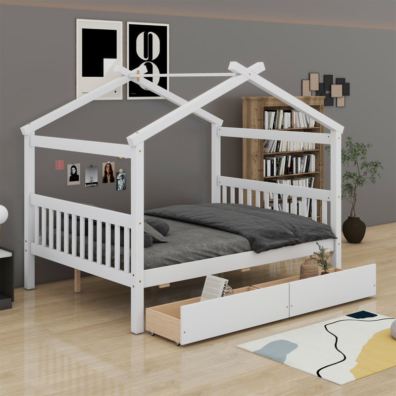 Lit en bois avec tiroirs, Blanc