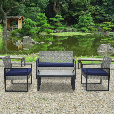 Modern Outdoor 4 - Piece Patio Furniture With Grey , Blue Cushions And Wood Table, Weather , Ideal For Porch Backyard Frame, Water Cushions, Garden Lawn