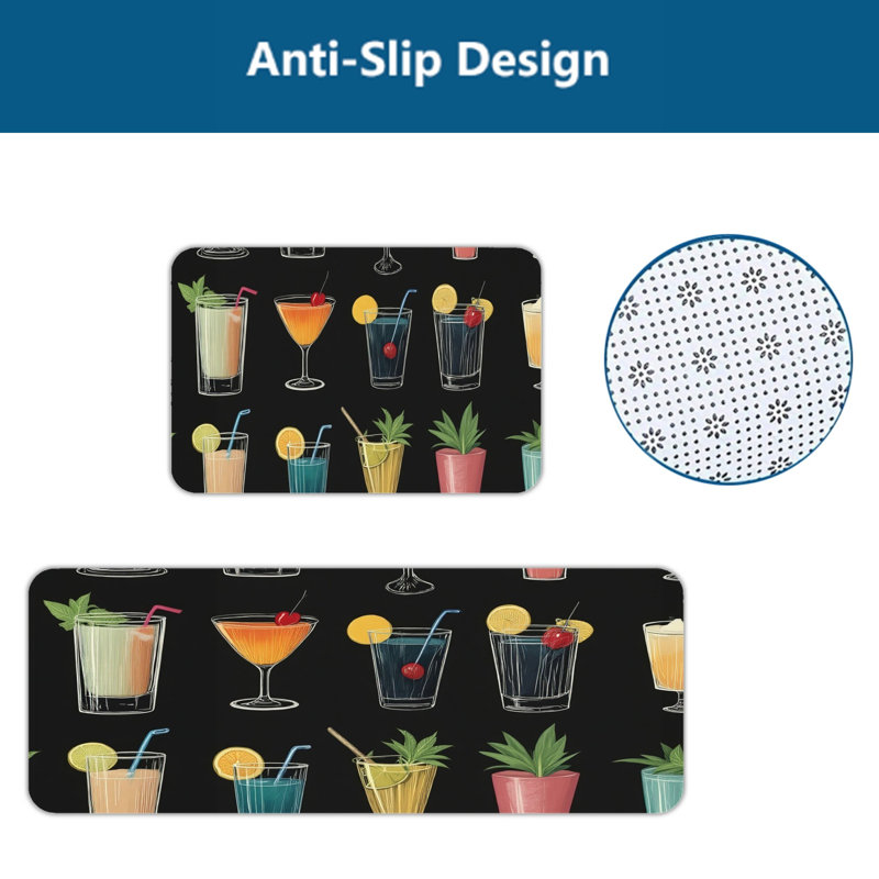Tapis de cuisine rétro à motif de cocktail rétro 2 pièces noir