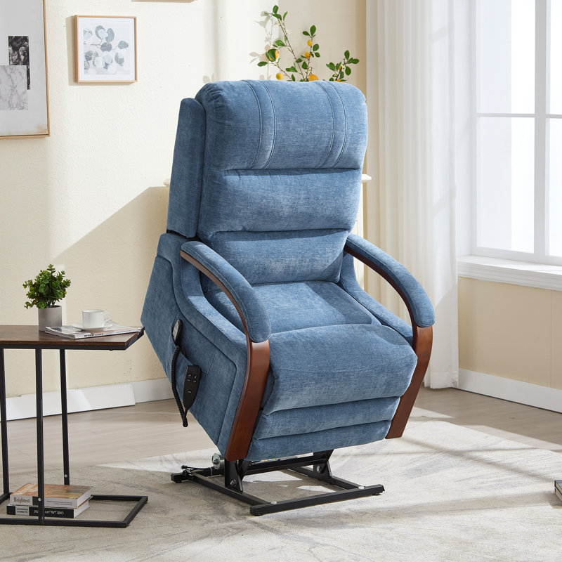 Aura Dual Motor Power Lift Chenille 180° Recliner With Wooden Armrests, Heated Massage, Side Pockets, Blue