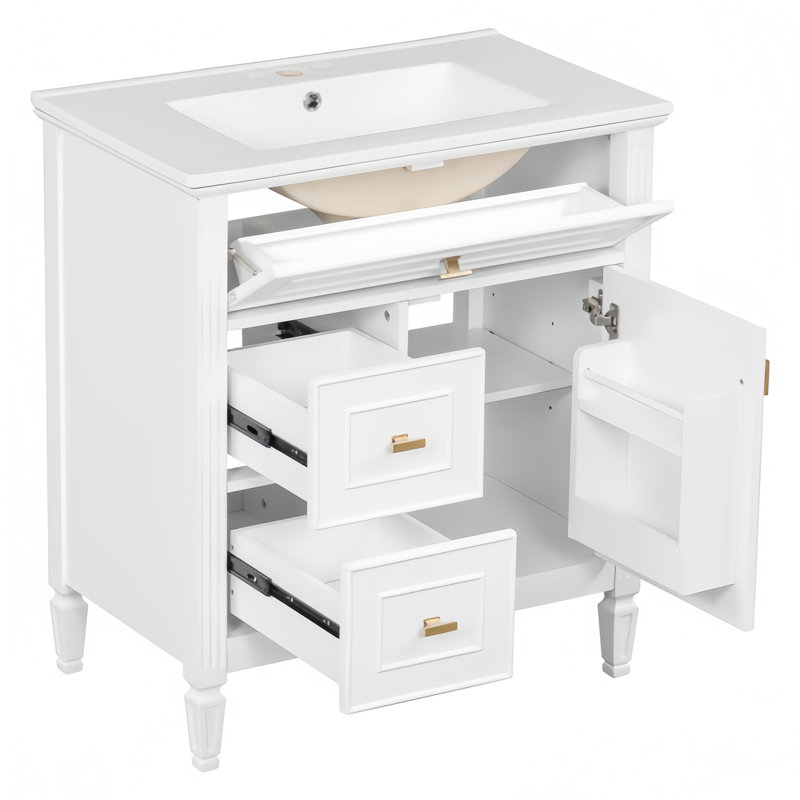 Meuble-lavabo autoportant avec rangement à couvercle rabattable de 30 po, 2 tiroirs et tablette réglable, structure en bois massif