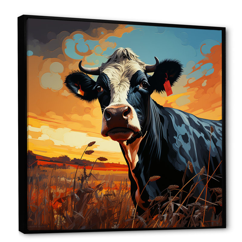 Portrait de vache expressionniste colorée - impressions encadrées, Cadre flottant noir, H 30 po x l 30 po x P 1 po