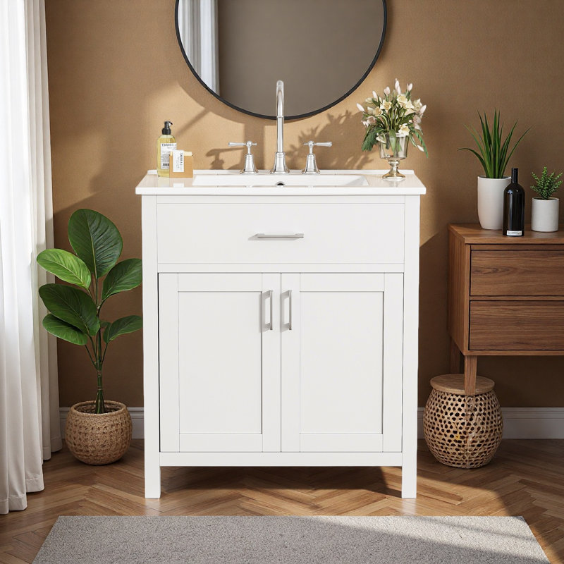 Meuble-lavabo de 30 pouces avec lavabo en céramique, Blanc