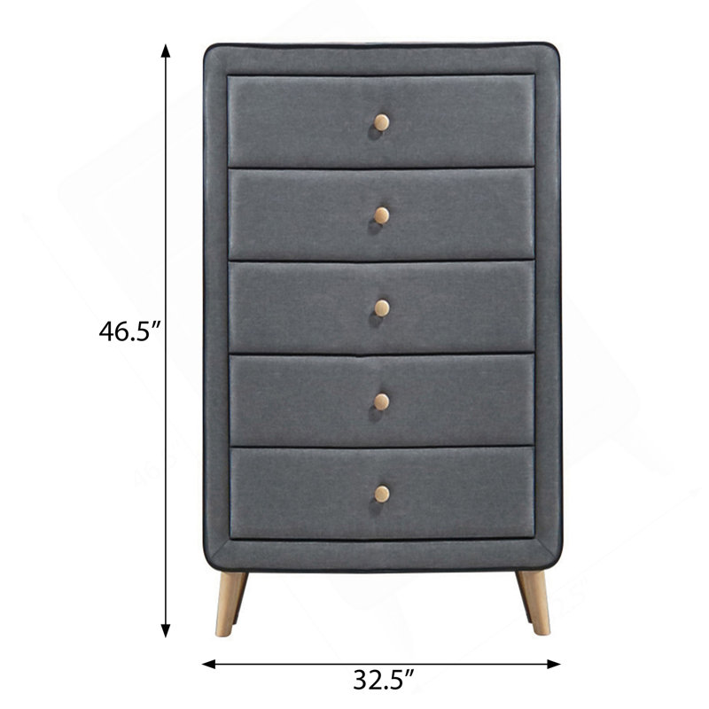 Commode 5 tiroirs rembourrée gris clair