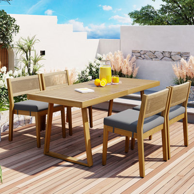 Ensemble de table de salle à manger et de chaises U_Style multi-personnes en bois d'acacia, coussins épais, convenant au balcon, à la cour et au jardin.