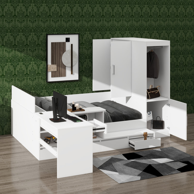 Lit plateforme double en bois avec 6 tiroirs, étagères, bureau et garde-robe, Blanc