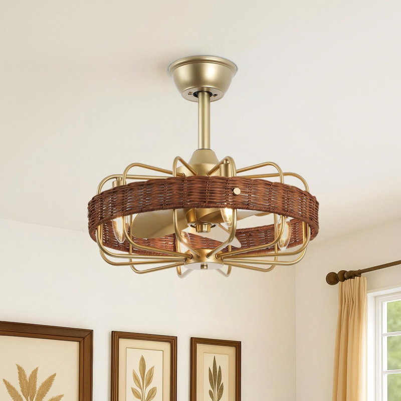 Ventilateur de plafond en rotin 18 po avec lumière et télécommande, Or/brun