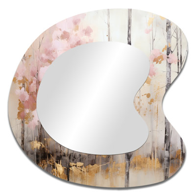 Minimalisme rose et doré forêt - grand miroir mural asymétrique Forest, miroir décoratif de forme unique beige, impression d'art en métal
