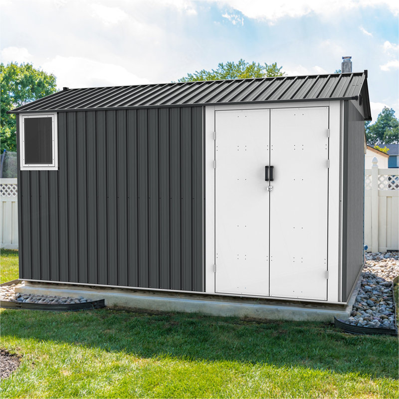 Remise de rangement extérieure en métal 8 x 12 pi avec fenêtre, base de plancher, bouches d'aération et porte à double charnière
