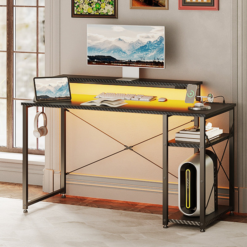 Gaming Desk With Led Lights, Home Office Desk With Recessed Power Outlet, Computer Desk With Spacious Shelves, Reversible Gamer Desk Table With Adjustable Monitor Stand & Headphone Hook