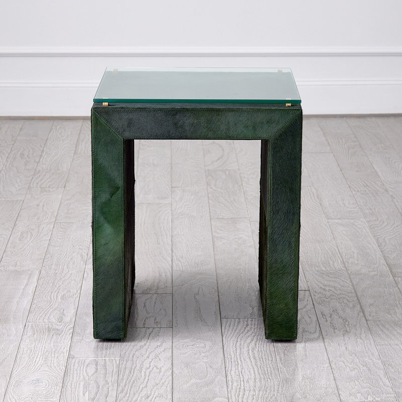 Green Hair-On-Hide Leather and Glass Square End Table
