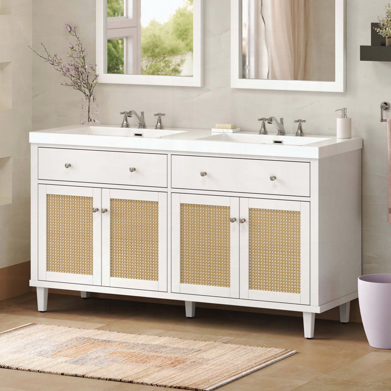 Meuble-lavabo double avec lavabos SMC, plateaux basculants et portes en rotin