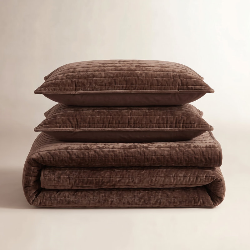 Luxe Velvet Channel Quilt Set, King, Rust Brown