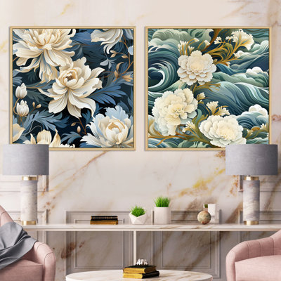 Ensemble de 2 collages carrés floraux blanc et bleu Zen Tranquility III