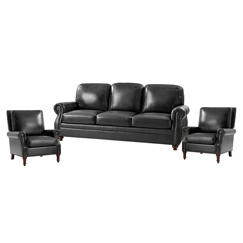Ensemble de salon en cuir véritable 3 pièces avec garniture cloutée Armonee, Noir