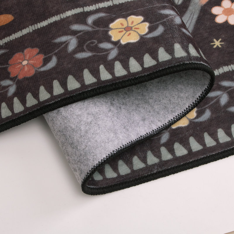 Folk Art Scandi-Inspired Symmetrical Floral & Birds Black Area Rug, Rectangle 5' x 7'