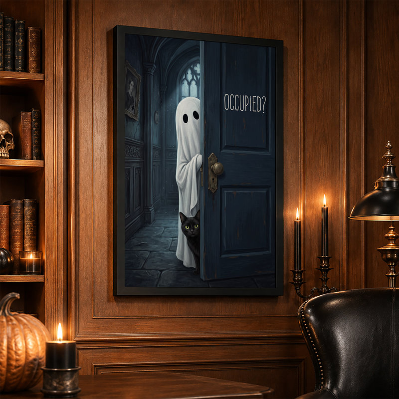Art mural sur toile, "White Ghost" et chat noir derrière une porte bleue, H 30 po x l 20 po