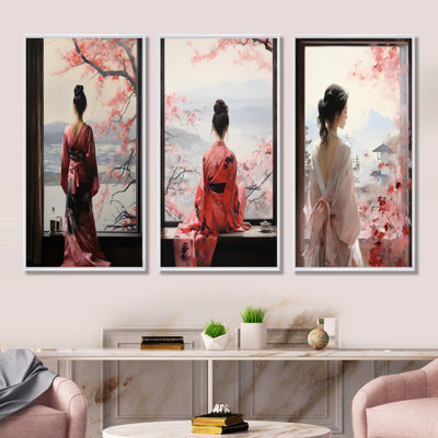 Pink Tree Japanese Woman Window View I - Japan Wall Decor Set Of 4