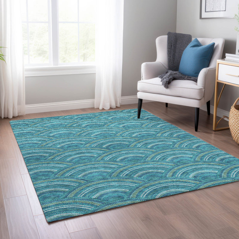 Teal Flat Woven Synthetic Indoor Outdoor Area Rug