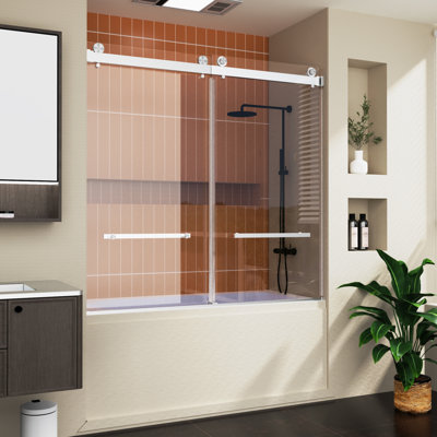 56" - 60" W x 58'' H Double Sliding Frameless Tub Door, 1/4" Clear Tempered Glass with Quiet Rollers, SGCC Certified