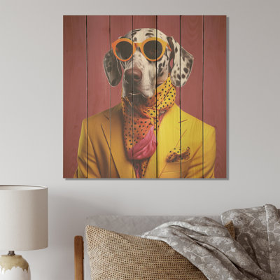 Yellow And Orange Fashion First Suited Dog - Dog On Wood Print
