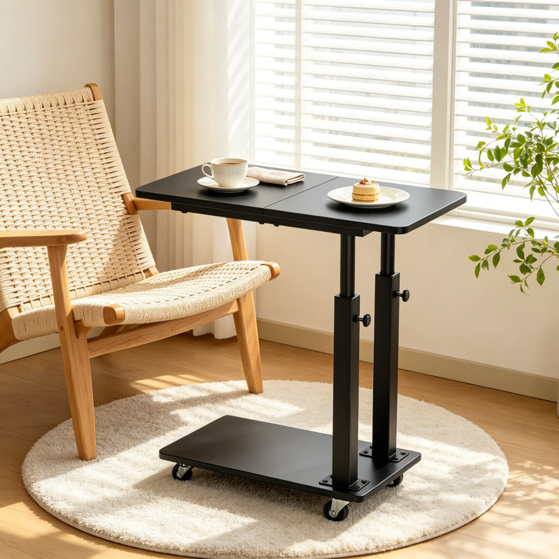 Table de bout en forme de C avec roulettes, plateau à roulettes à hauteur réglable pour canapé, lit, canapé, fauteuil inclinable, table d'appoint de salon avec rangement et base en bois massif, assemblage facile