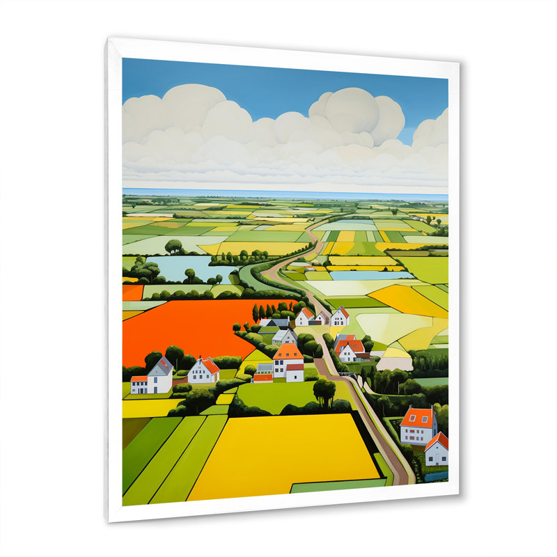 Paysage de ferme sur toile, "De Stijl", Cadre simple blanc, H 44 po x l 34 po x P 1,5 po