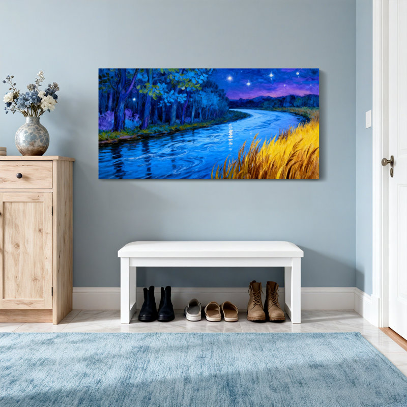 Paysage et nature, nuit étoilée, peinture de paysage de rivière, H 20 po x l 40 po