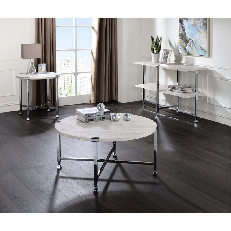 Table basse ronde à pieds en métal avec surface en placage de papier de chêne blanc, 36 po de largeur, 29 lb, idéale pour les salons de bureau, les espaces de divertissement