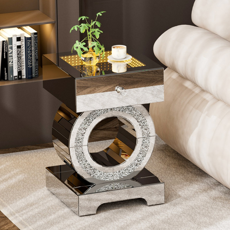 Table de bout en miroir avec lumière DEL, table de chevet en miroir avec grand tiroir, table d'appoint argentée avec diamants écrasés pour le salon, la chambre à coucher et le bureau
