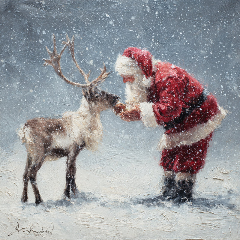 «Santa and Reindeer in Snowy Night», art mural sur toile, H 30 po x l 30 po