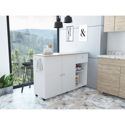 Îlot de cuisine mobile avec roulettes Victoria, six tablettes intérieures, un tiroir et une armoire