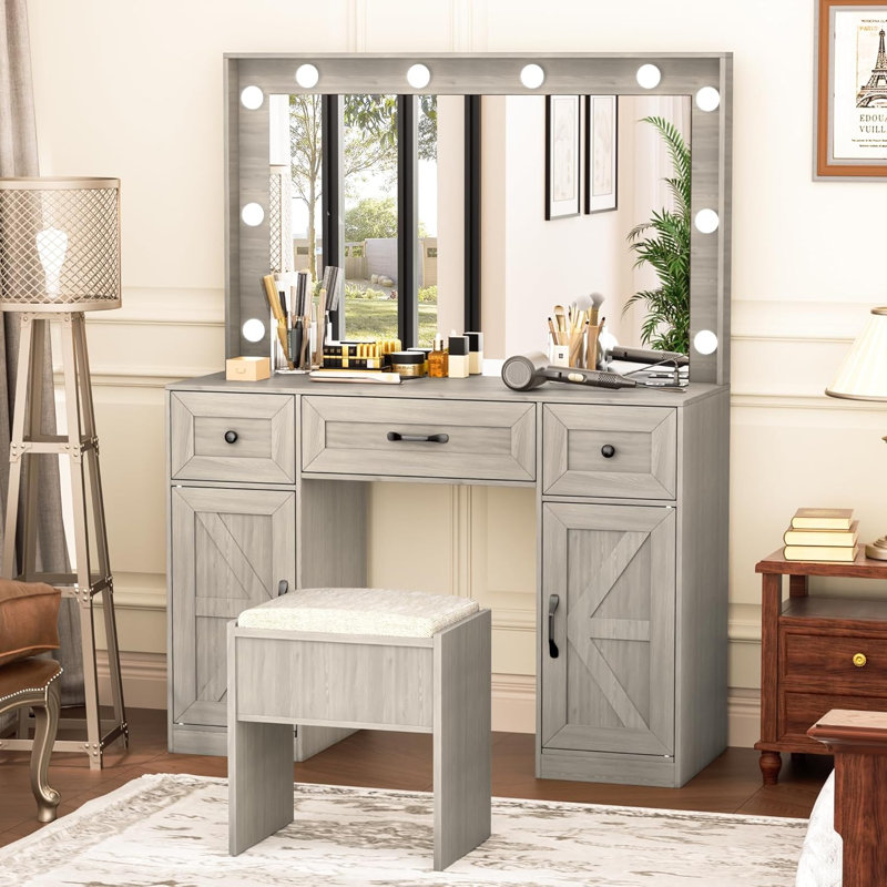 Makeup Vanity Desk with Large Mirror and 10 LED Lights, Outlet and stool included(Black), Gray