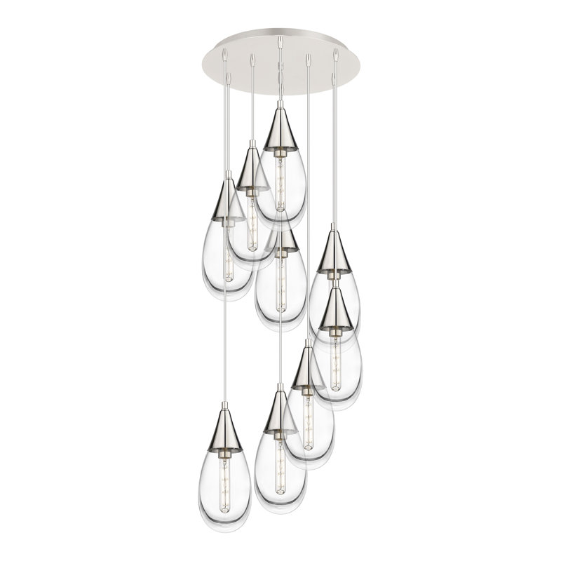 Luminaire suspendu à 9 lumières en grappe, Transparent, Nickel satiné brossé