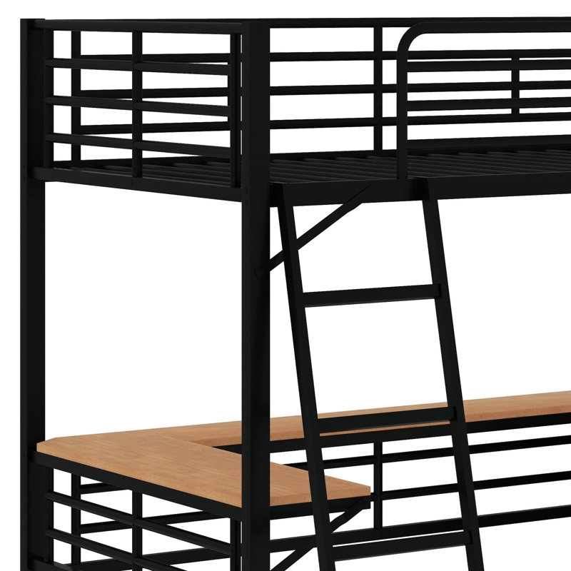 Lit mezzanine industriel en métal avec bureau à trois niveaux en forme de L, Lit simple, Noir