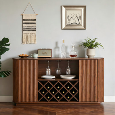 Walnut Modern Wavy Curve Sideboard, Multifunctional Storage Cabinet with Wine Rack & Glassware Holder