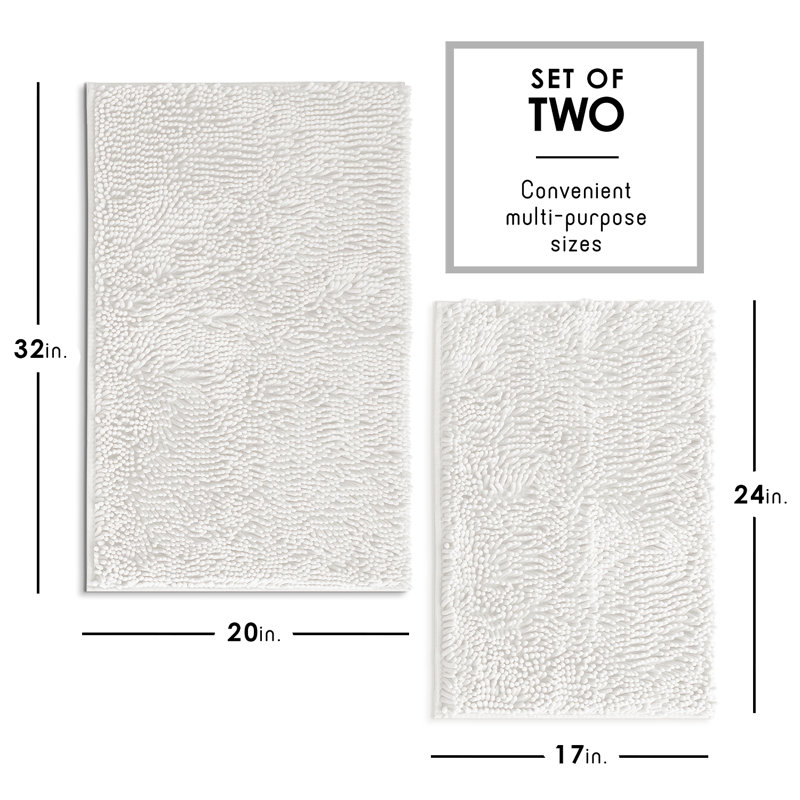 Yasmen Soft Absorbent Chenille Bath Rugs with Non-Slip Backing (Set of 2), White