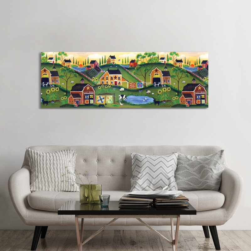 Red Quilters Barn Country Folk Art Farm by Cheryl Bartley - Panoramic Print on Canvas, Wrapped Canvas