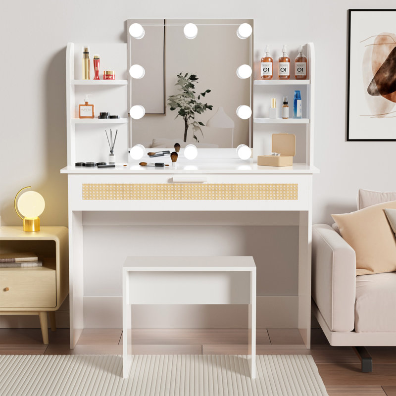 Ensemble de coiffeuse avec tabouret et tiroirs, Blanc brillant
