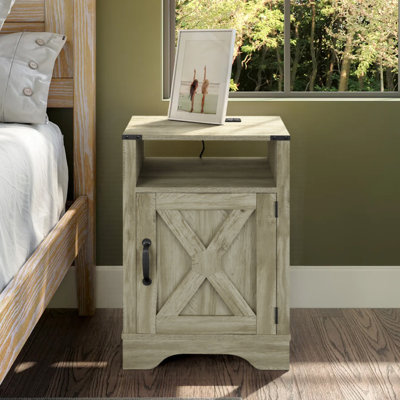 25.8" Nightstand with Hidden Storage and Power Outlet, Rustic Grey End Table with USB Charging Station