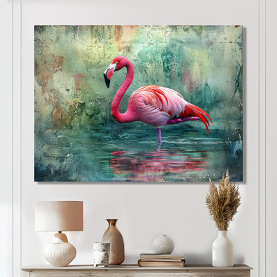 Flamant rose dans le lagon I - reproduction d'art moderne en métal, art mural flamant rose en métal