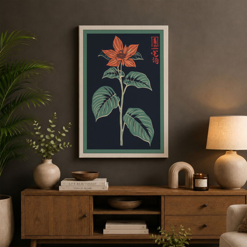 Rust Bloom on Navy Botanical - Wrapped Canvas, 24x16 - 61.0 x 40.6 cm, Ochre Border