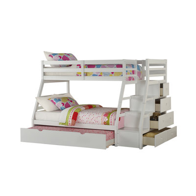 White Twin/full Bunk Bed, Trundle, Storage , And Ply Construction, Full - Length Guard Rail, 65in Product Height Bed With Rf Finish, Synthetic Wood, Slat System, 220lbs Weight Limit, Non Convertible