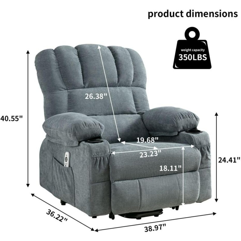 Fauteuil inclinable, inclinable et pivotant avec massage, massage vibrant et chauffant avec poche latérale, 2 porte-gobelets, port de charge USB