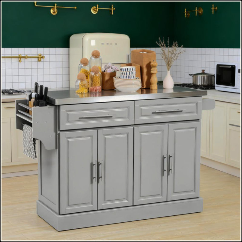 Kitchen Island Rolling Kitchen Island Cart With  2 Drawers, Spice, Knife And Towel Rack