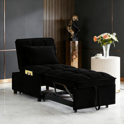 Convertible Sleeper Chair Bed With Storage, 4-In-1 Velvet Convertible Chair With Pull Out Trundle, Adjustable Backrest, Side Pocket & Pillow, Black Sleeper Sofa For Living Room Small Space