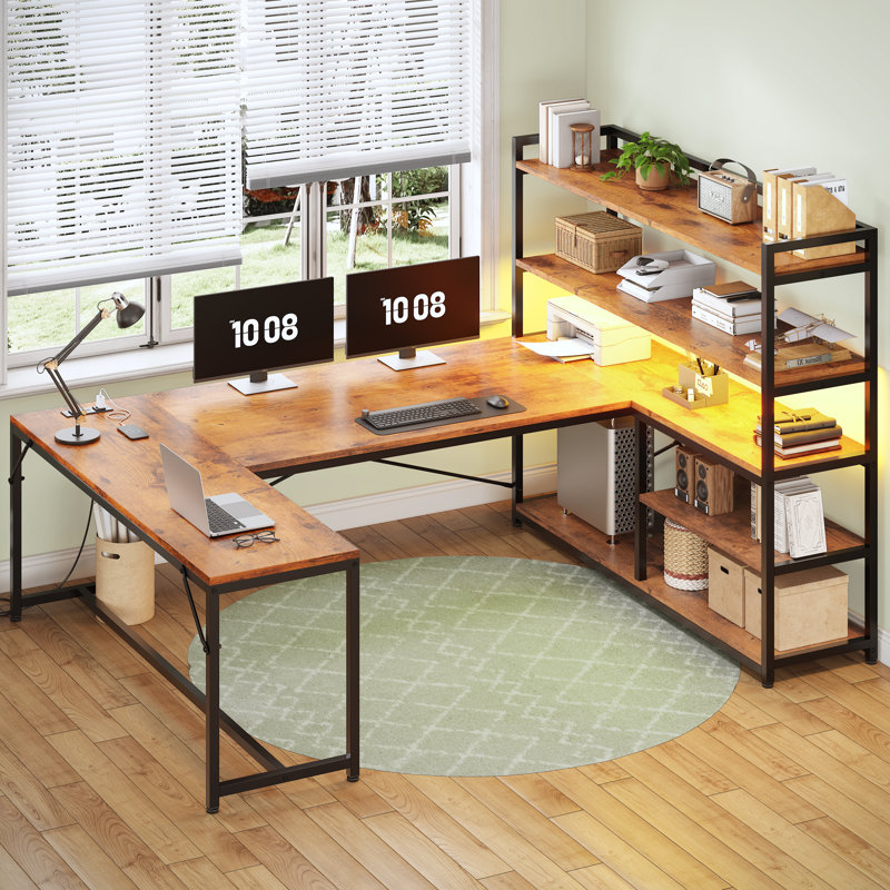 Bureau d'ordinateur 63 po réversible avec prise de courant DEL et tablettes de rangement, Brun / Noir