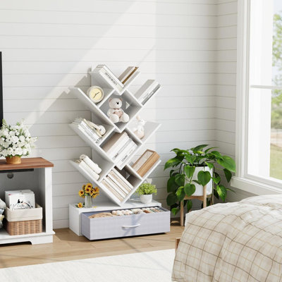 Tree Bookshelf with LED Lights, 7-Tier Bookcase with Fabric Drawer, Narrow Industrial Rack for Small Spaces