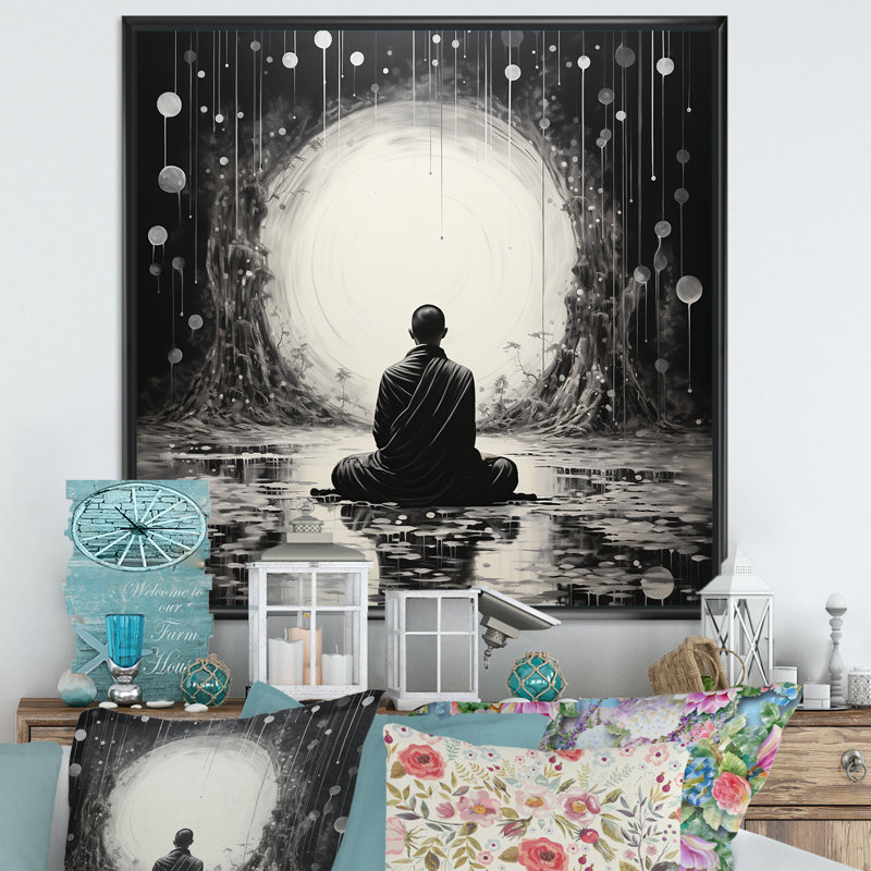Statue de bouddhisme zen sur toile, Cadre flottant noir, H 16 po x l 16 po x P 1 po