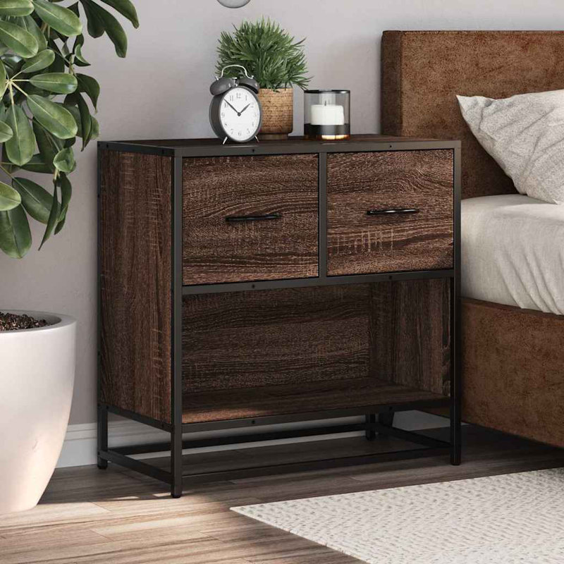 60cm W Metal Bedside Table, Brown oak